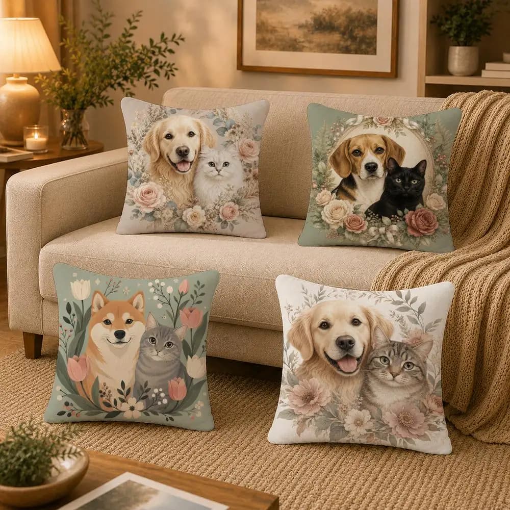 Pet portraits surrounded by flowers Cushion Cover Washable Soft Plush Cushion Cover Square Pillow Case for Sofa Couch Bed
