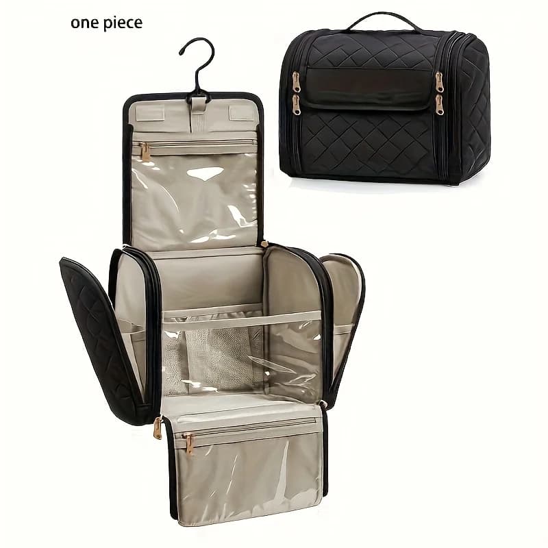 Black Hanging Travel Laundry & Toiletry Organizer Bag – Wide Opening, Multi-Compartment, Waterproof Pockets