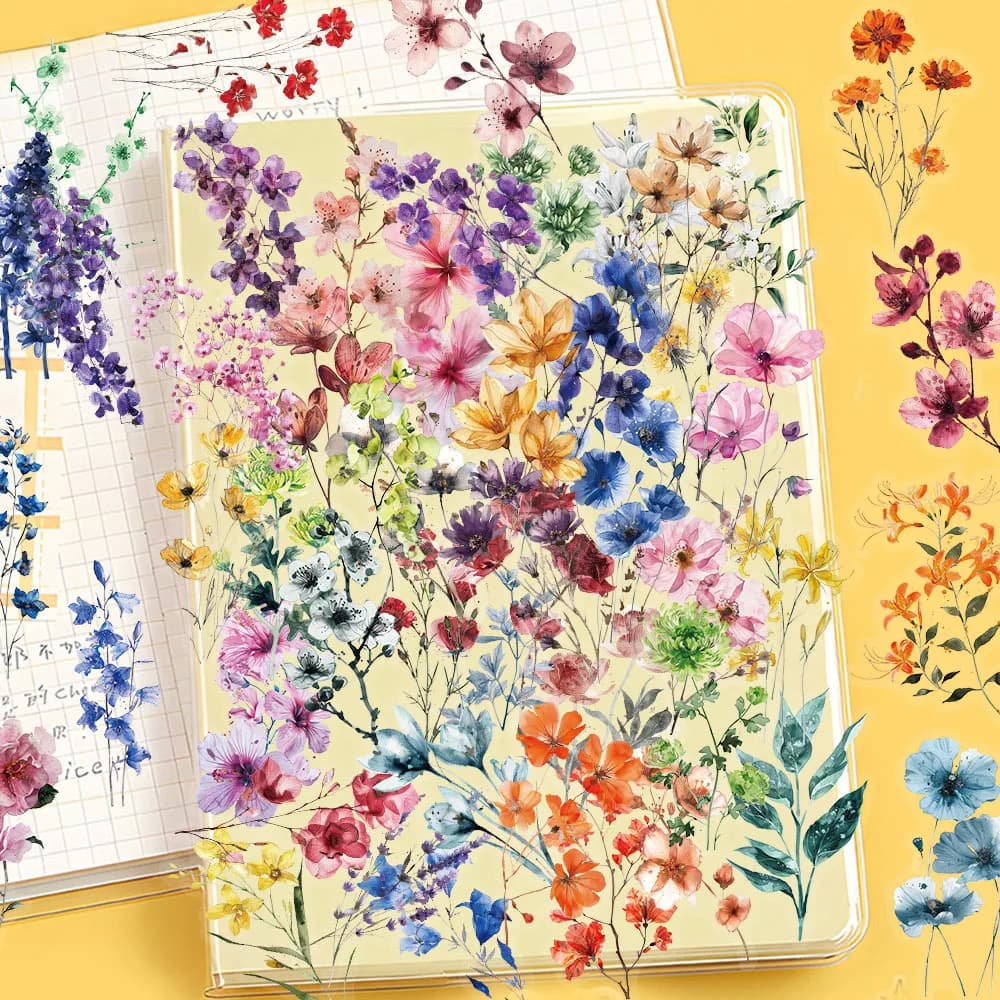 Confezione da 50 adesivi con fiori di inchiostro, impermeabili, trasparenti, in PET, con brochure, materiale floreale, adesivi decorativi impermeabili per notebook per chitarra