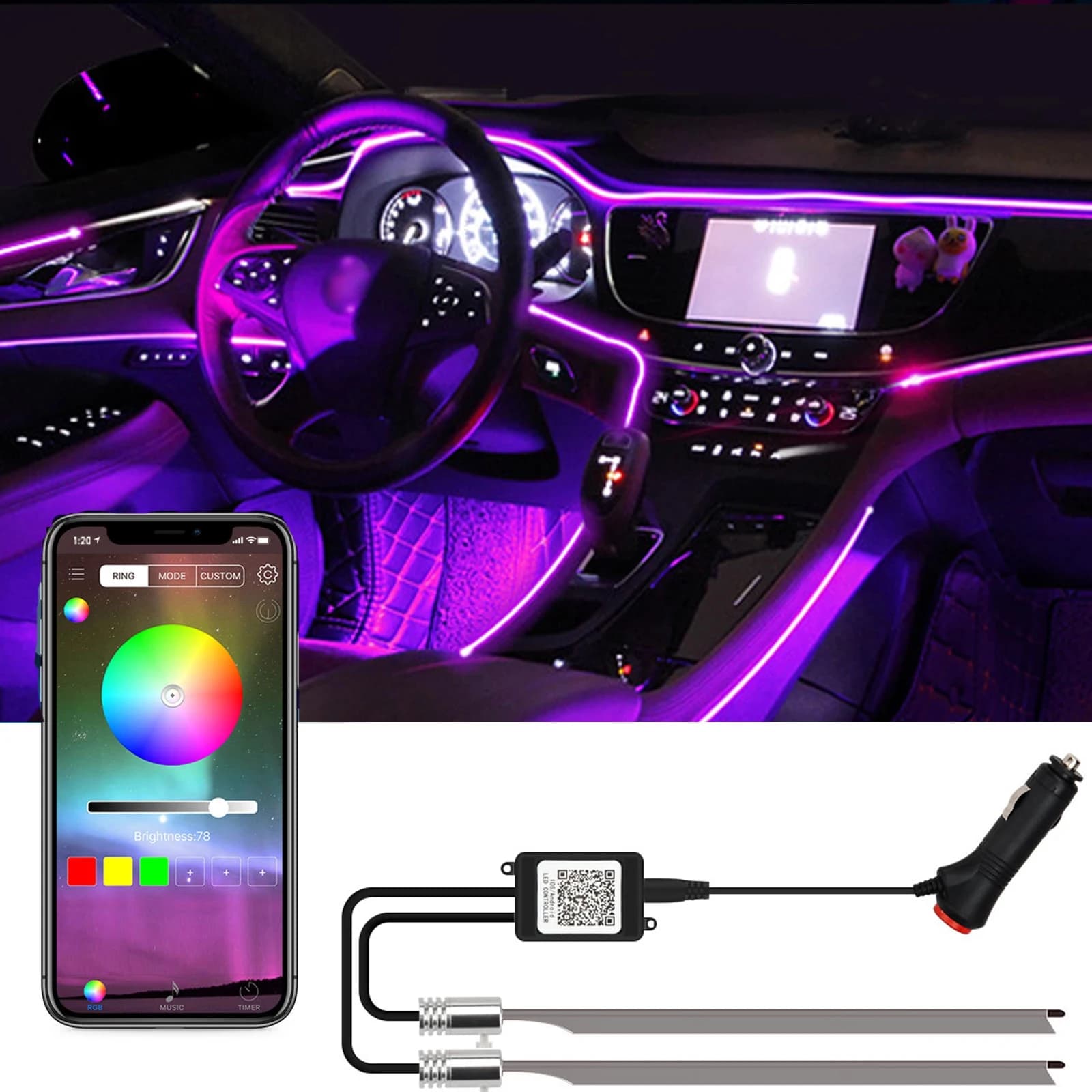 Luci interne per auto luci ambientali Decorative strisce LED RGB al Neon 1/2 in 1 luci in fibra ottica USB controllate da App Bluetooth 12v