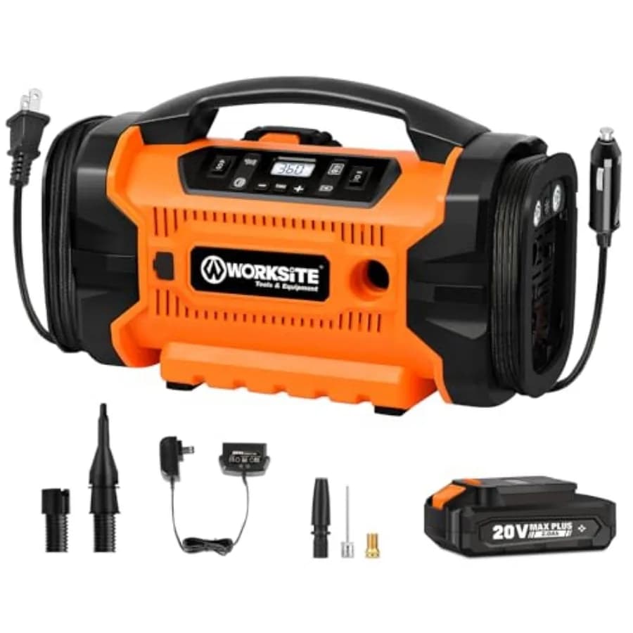 Compressore d'aria portatile per gonfiaggio pneumatici, 160 PSI, con 3 diverse modalità di alimentazione: 110V AC, 12V DC e batteria da 20V, per auto e biciclette.