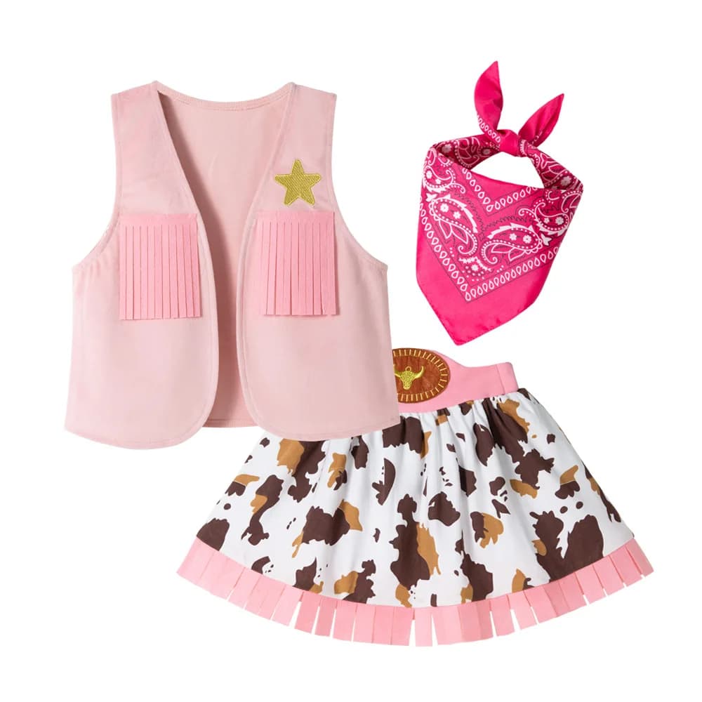 Set Costume Western Rosa per Ragazze 4 Pezzi con Gilet e Gonna per Giochi di Ruolo e Feste