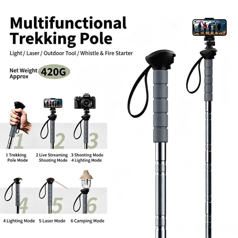 Aluminum Alloy Multifunctional Hiking Stick Laser Flashlight Lighting Lightweight 5-section Retractable Folding Walking Stick