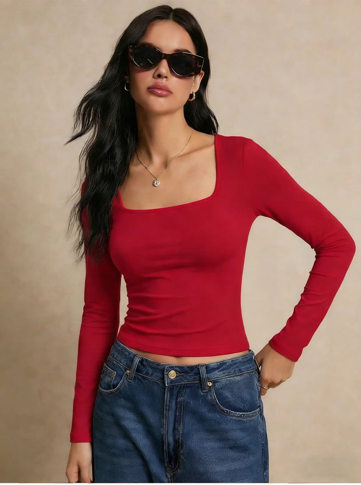 Maglietta a maniche lunghe da donna, top scoperto, moda autunnale, tinta unita, colletto quadrato, T-shirt basic, abbigliamento Y2k