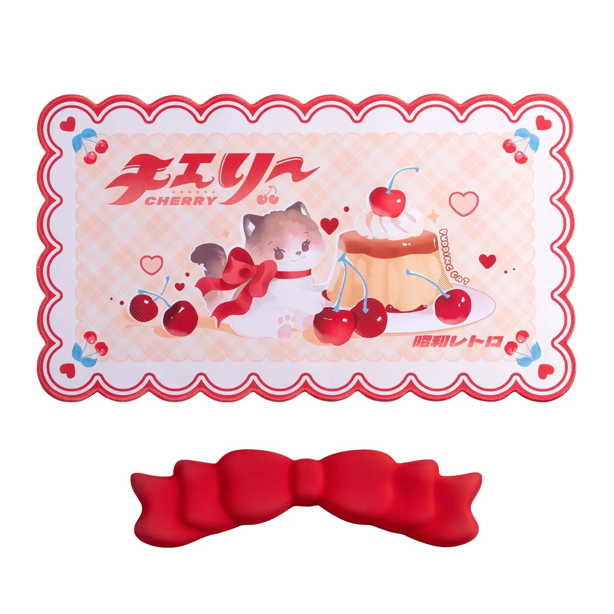 GeekShare Kawaii Cherry Kitty Mouse Pad Set di poggiapolsi, tappetino per Mouse da gioco rettangolare con supporto per cuscino da polso con nodo a fiocco