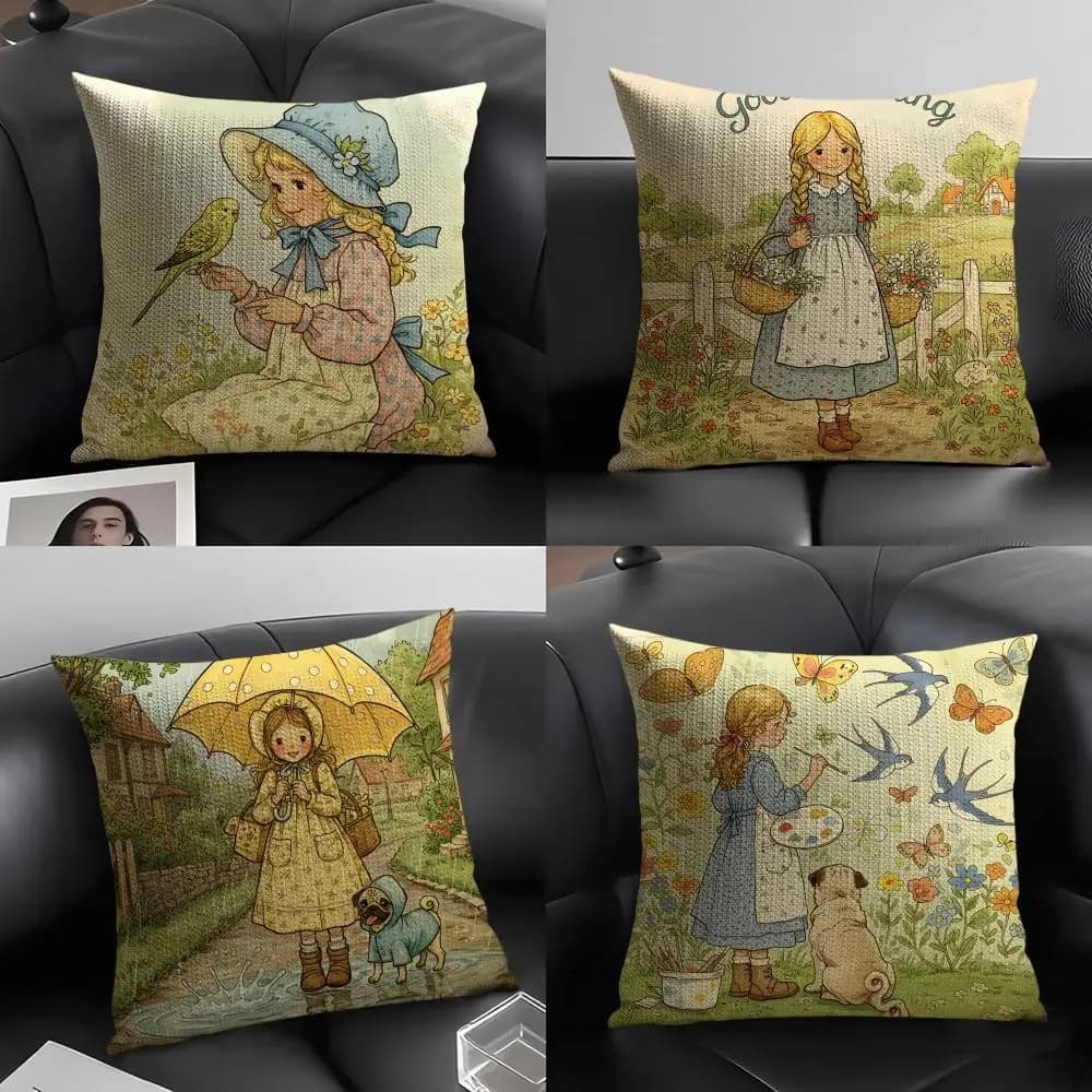S-Sarah K-Kay S-Swing G-Girls Pillow Federation Natural Linen Organic Fabric Print Front-Retro Sofa Home Decorations Gift Pillow Sheet
