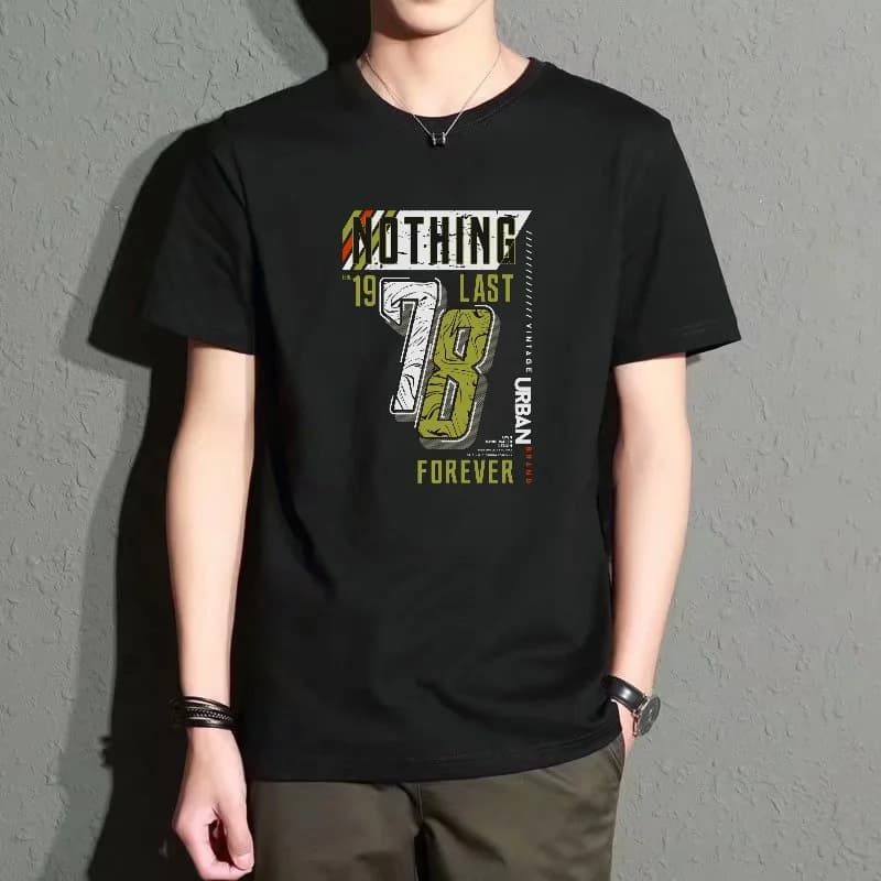 Men's Black Round-Neck Short-Sleeved T-Shirt, Retro Digital Letter Print Top, Street Fashion Casual Style, Versatile, Comfortable and Breathable for Everyday Wear