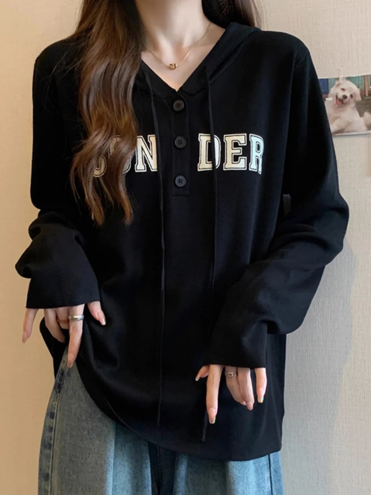 Loose Fit Hoodie Women's Black V-Neck Long Sleeve Casual Top Spring New Style plus Size Slimming Comfortable Streetwear