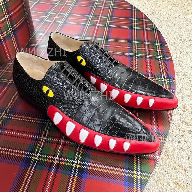 Men's Stone Pattern Black Leather Teeth Totem Printed Loafers Pointed Toe Patent Leather Real Matte Oxfords Wedding Party Shoes