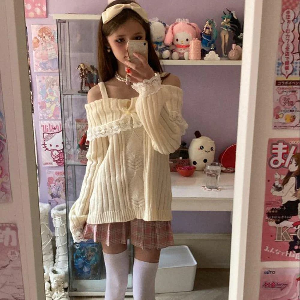 Maglioni da donna Y2K Kawaii con spalle scoperte, a maniche lunghe, con bordo in pizzo a contrasto, lavorati a maglia, con fiocco frontale