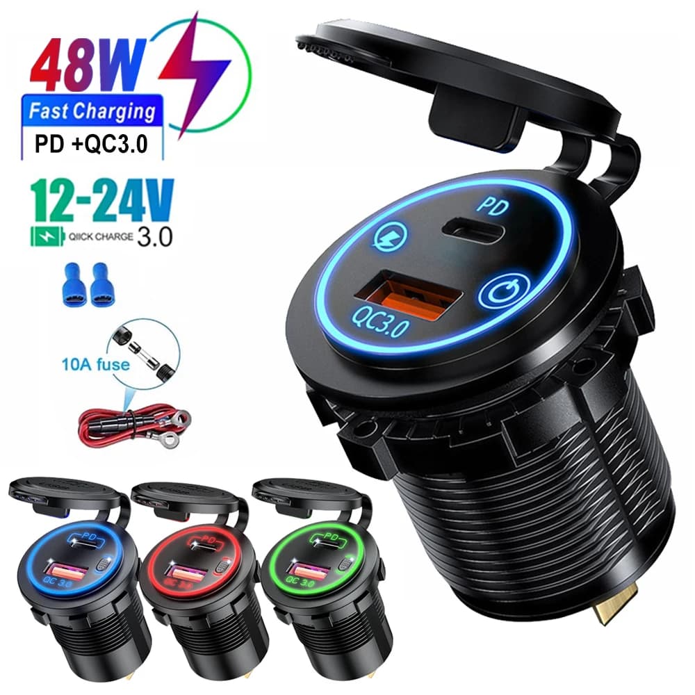 Dual USB Charger for Auto 12V 24V, Power Adapter with Quick Charging Door and Switch for Auto, Moto, Truck, Camper