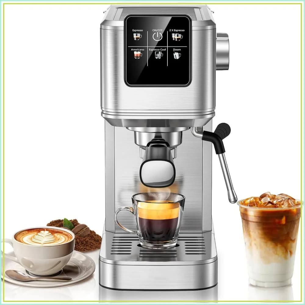 20Bar Espresso Machine with Hot & Rapid Cold Brew, Stainless Steel Coffee Maker, Milk Frother Steam Wand, Touch Screen, Water Tank for Latte, Cappuccino
