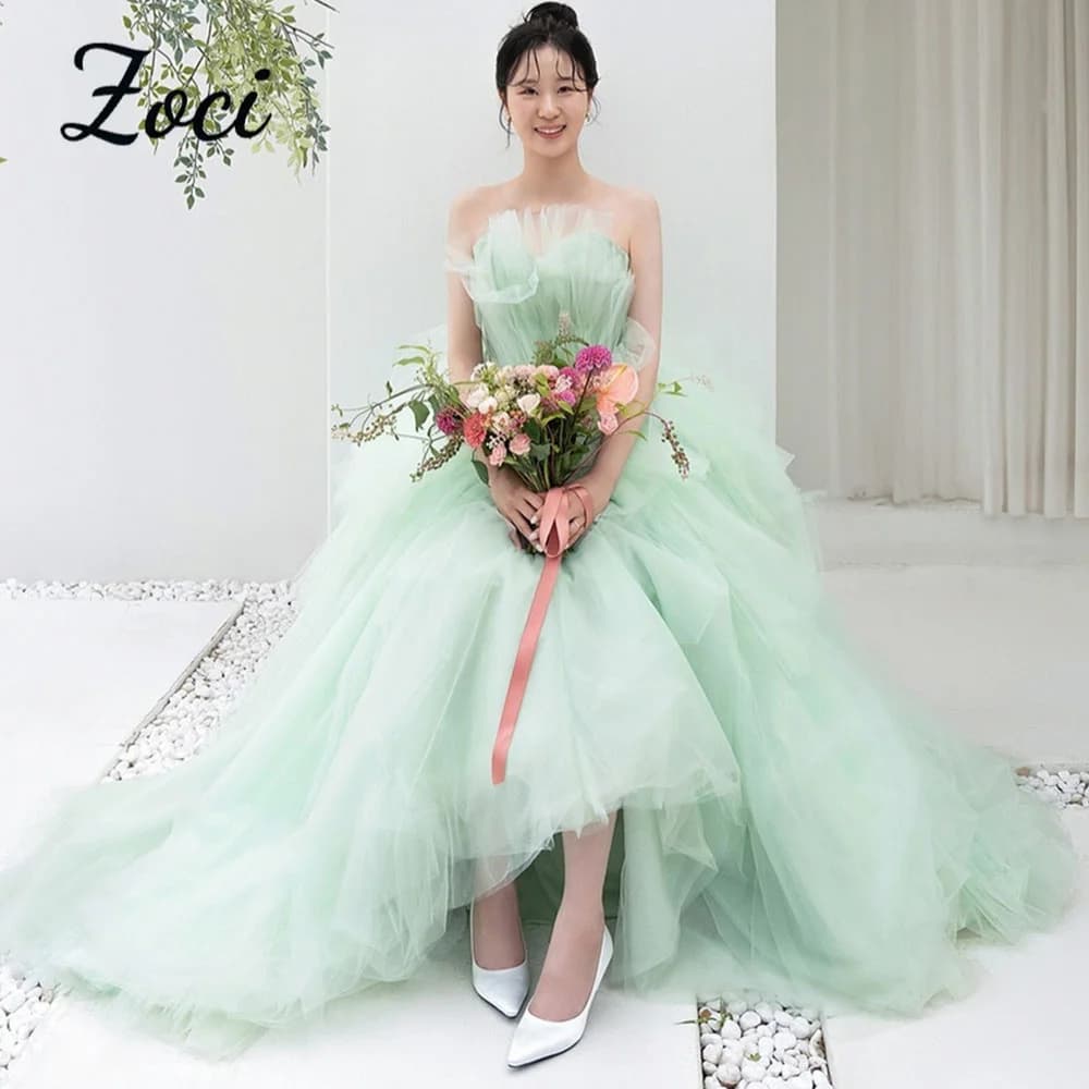 Abiti da sposa Zoci Fairy Light Green senza maniche in tulle, abito da sposa a trapezio con scollo a cuore, abiti da sera coreani personalizzati