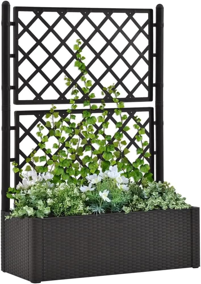 Garden Raised Bed With Trellis And Self Watering System, Outdoor Freestanding Wicker Planter For Climbing Plants, Heavy Duty Vertical Flower Pot Box For Patio Backyard Balcony Office, Brown