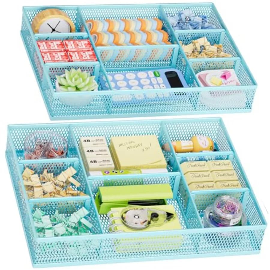 Set di 2 Organizzatori per Cassetti con 8 Scomparti Regolabili, Accessori per Scrivania con 5 Divisori