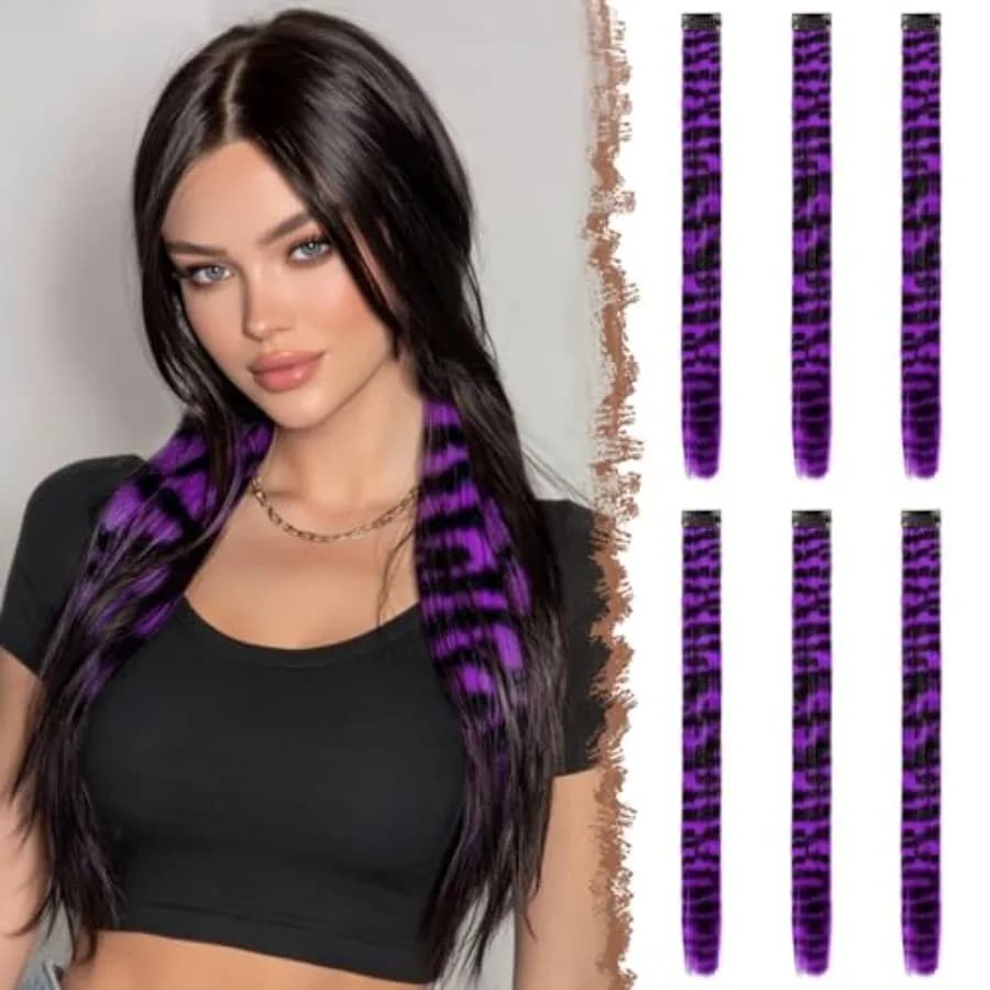 Leopard Printed Clip in Hair Extensions - 6PCS Purple Long Synthetic Straight Clip in Hair Extensions Stripe Printed Hairpiece