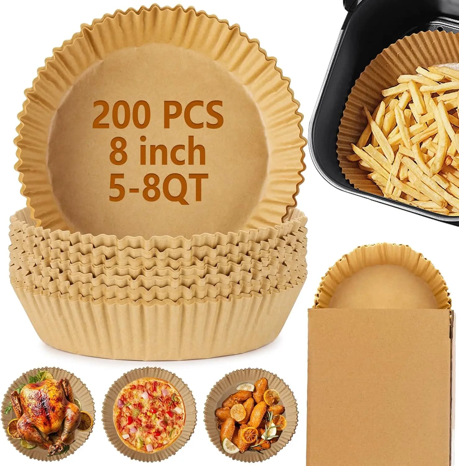 200 Pieces of 8 Rolled Baking Sheets for Air Fryer, 5-8 QT Air Fryer Card, for Cooking, Roasting and Microwave