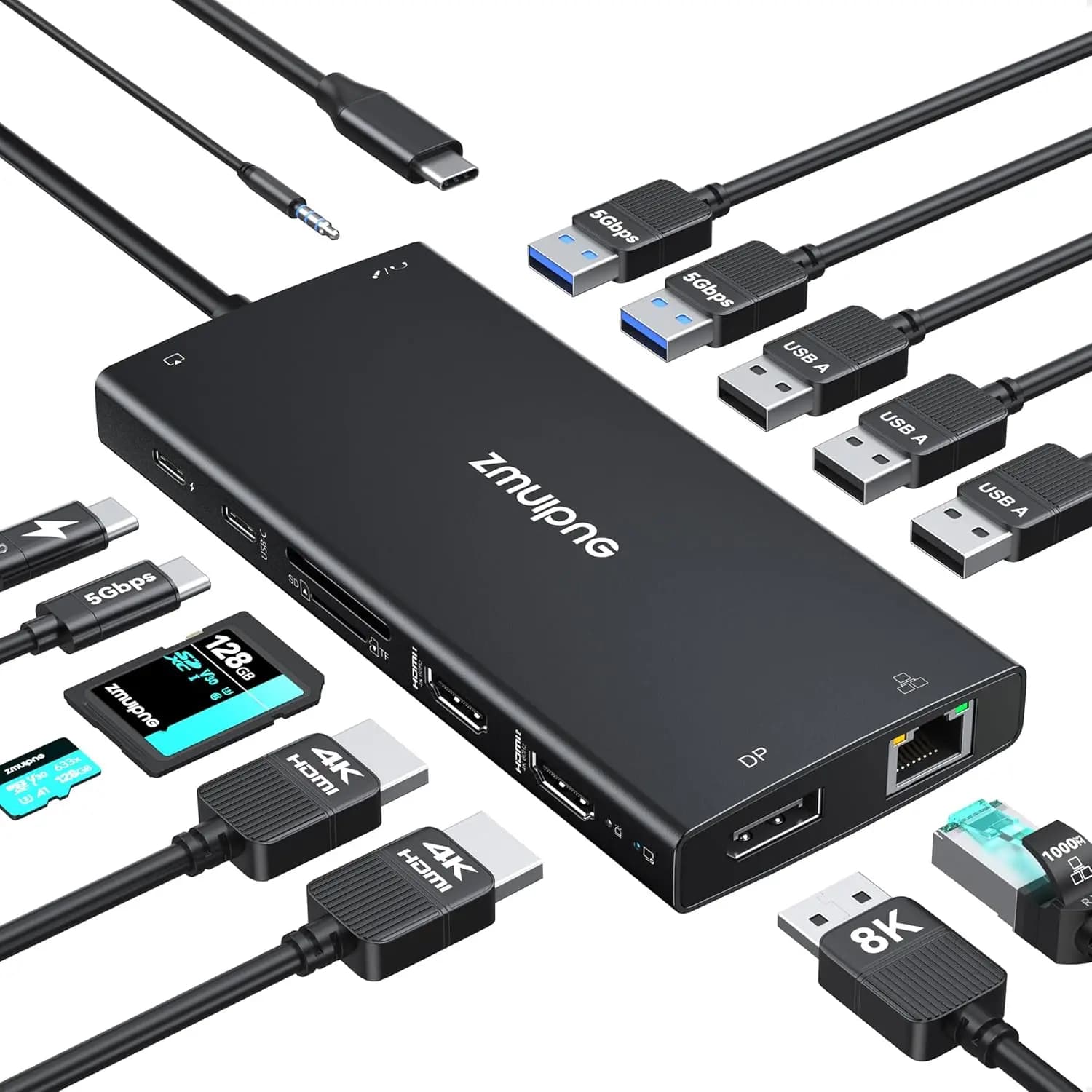 Docking station USB C 15 in 1 con doppio HDMI 4K, DP 8K, ricarica PD, Ethernet e porte multiple per laptop