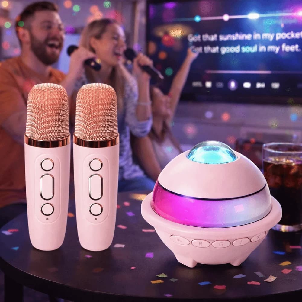 Macchina per Karaoke con Mini Altoparlante Bluetooth, Proiettore, Luce Notturna, Subwoofer, Microfoni Wireless Doppi per Cantare