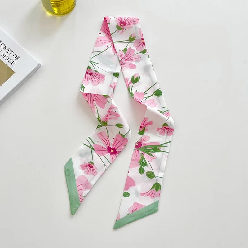 Sciarpa di seta piccola a striscia lunga Borsa versatile per cravatta per capelli da donna Sciarpa decorativa a fiori Fascia per streamer