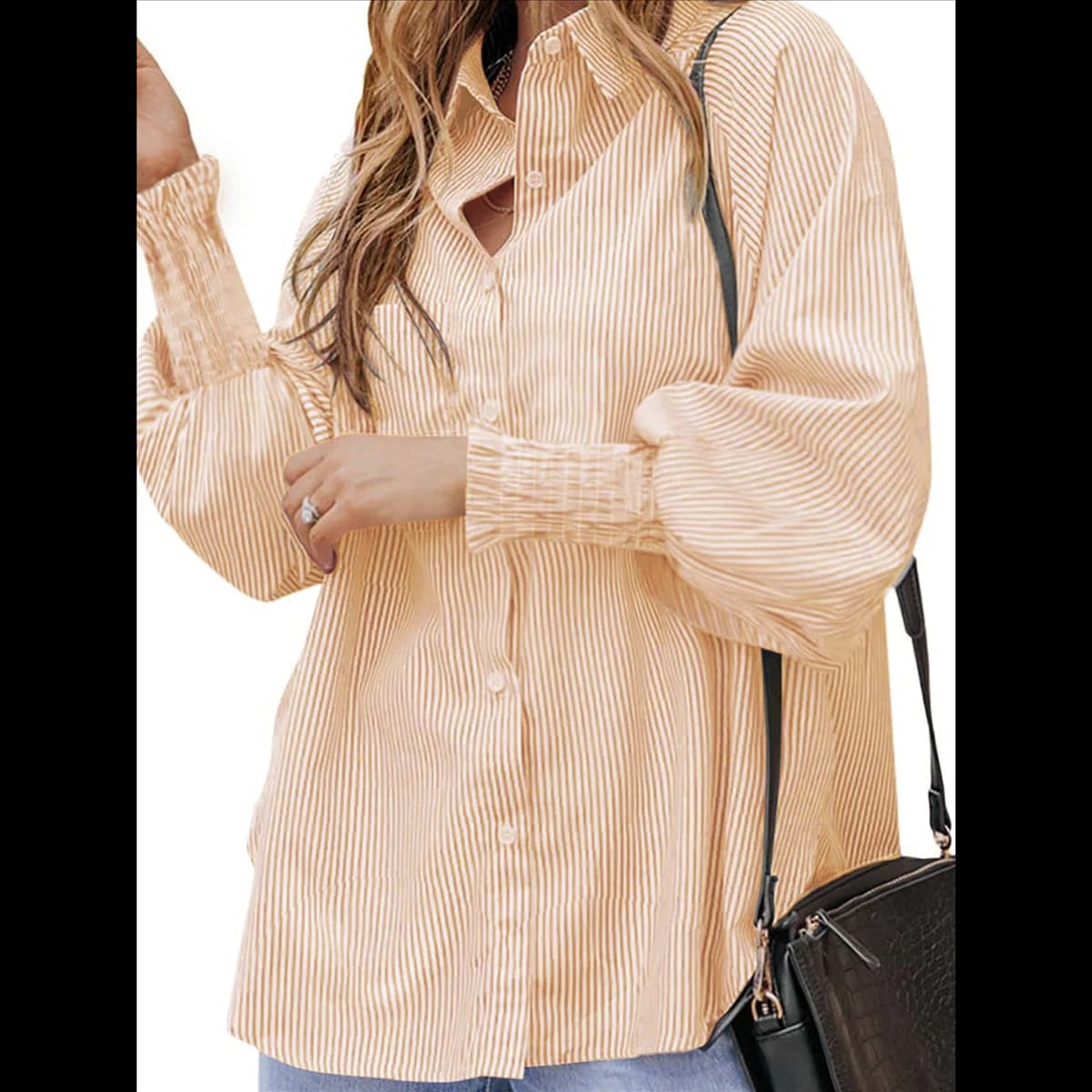 Camicetta da fidanzato con risvolto smock a righe da donna, maniche con volant, tunica casual con tasche gialla L