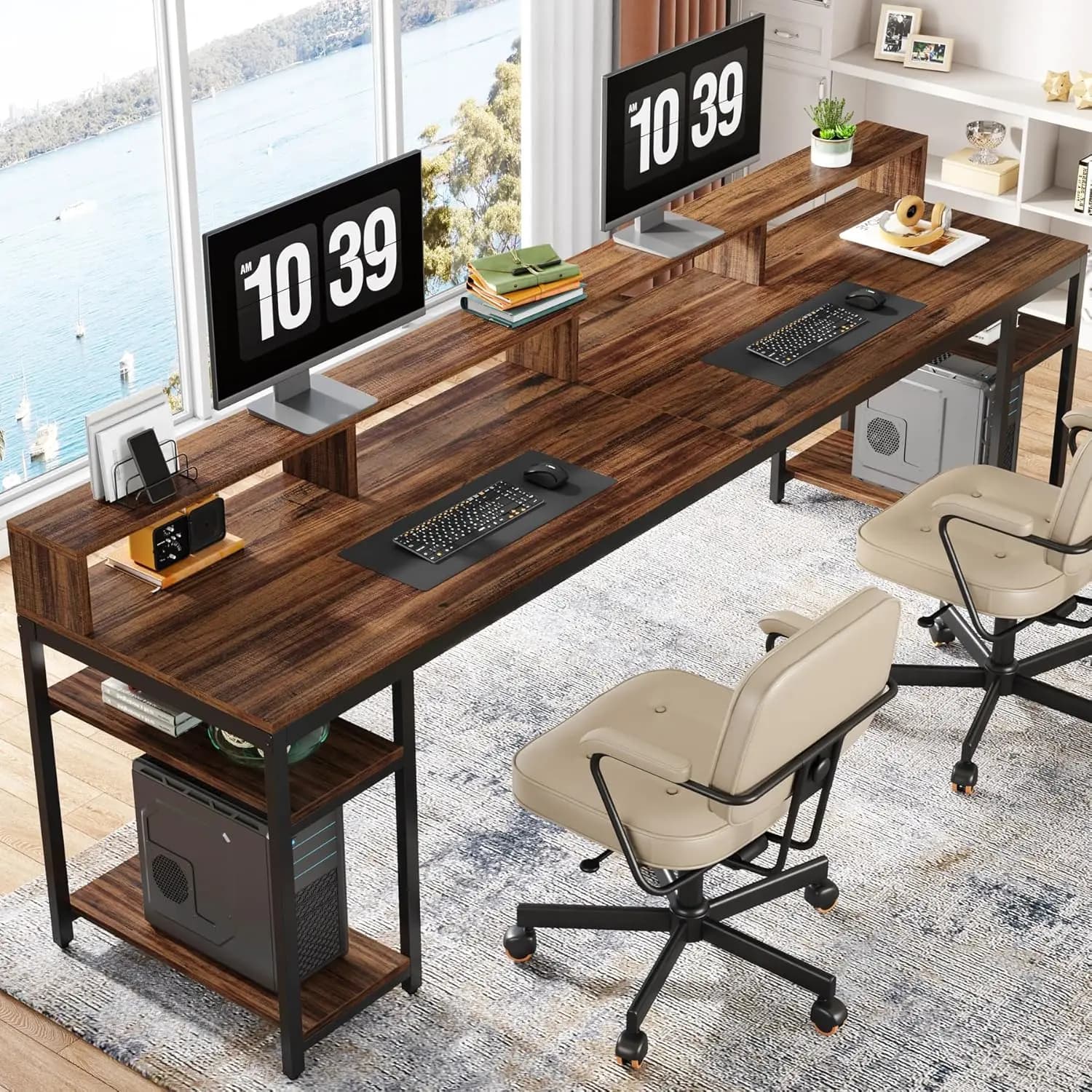Scrivania per Due Persone con Supporto Monitor, Scrivania Doppia per Computer da Ufficio Lunga 200 cm con Ripiani Portaoggetti, Ampia Scrivania per Gaming e Studio
