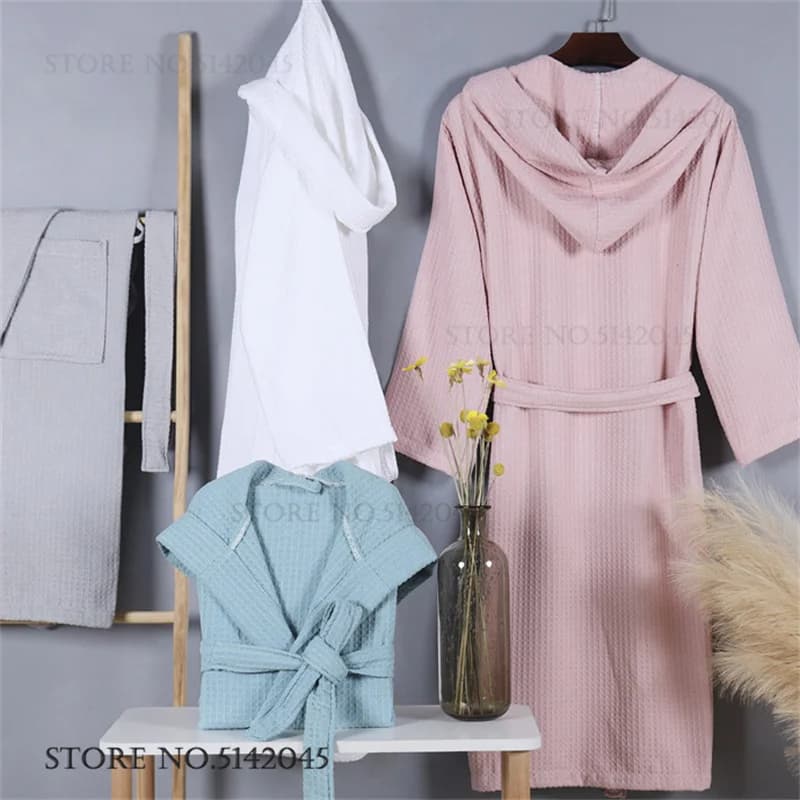 Waffle Cotton Couple Hooded Robe Sleepwear Hotel Solid Color Hooded Bathrobe Kimono Gown Yukata Loose Home Dress Lounge Wear