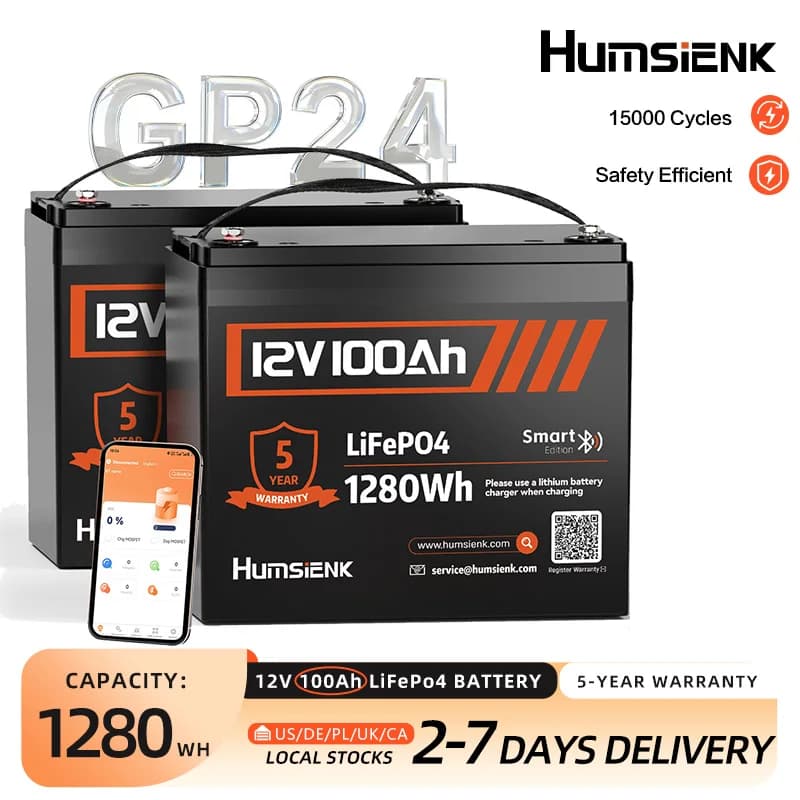 Humsienk LiFePO4 12.8V 100Ah Bluetooth Rechargeable Battery Pack Grade A Battery 8000+ Cycles BMS Grade A For Boat /RV /Campers