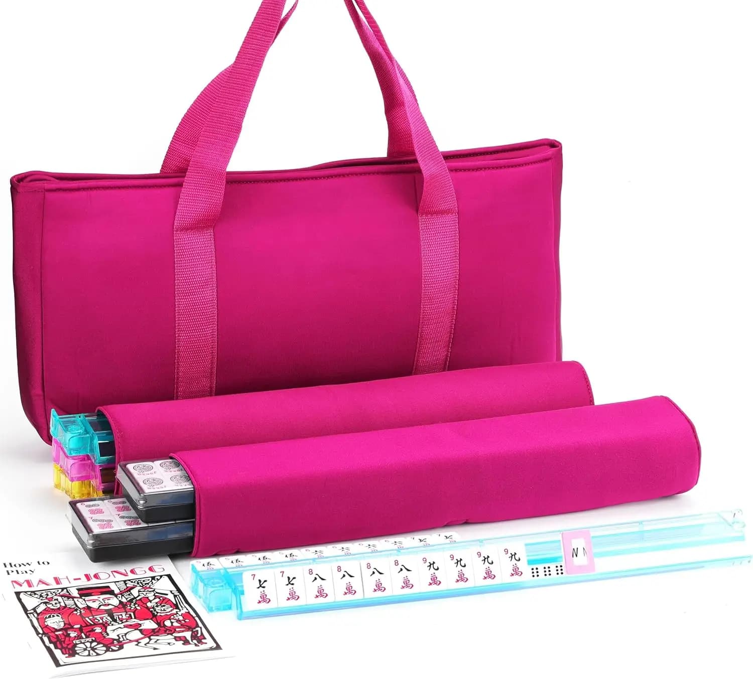 Set Completo di Mahjong Americano con Borsa Rosa, 166 Tessere, Supporti, Fiches e Indicatore del Vento