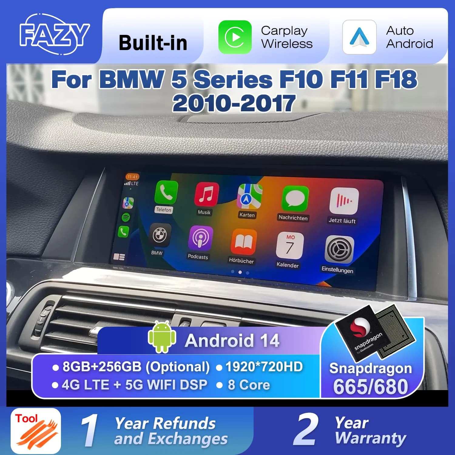 Qualcomm 665/680 10.25'' Android 14 Wireless Carplay per BMW Serie 5 F10 F11 F18 2010-2017 Schermo Auto Stereo Radio GPS Navi DSP
