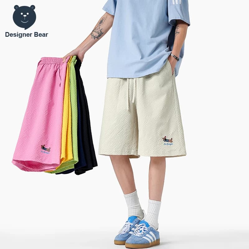 2026 Summer Dopamine Seersucker Men's Shorts Waterproof Quick Dry Baggy Board Shorts Dachshund Embroidery Casual Beach Shorts