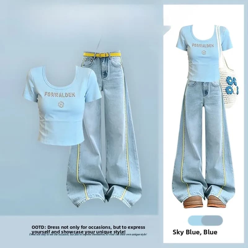 Summer New Spicy Girl Set Women's Design Sense Letter Print Short Sleeve Top with Slimming Jeans Two Piece Set Fashionable Ca...
