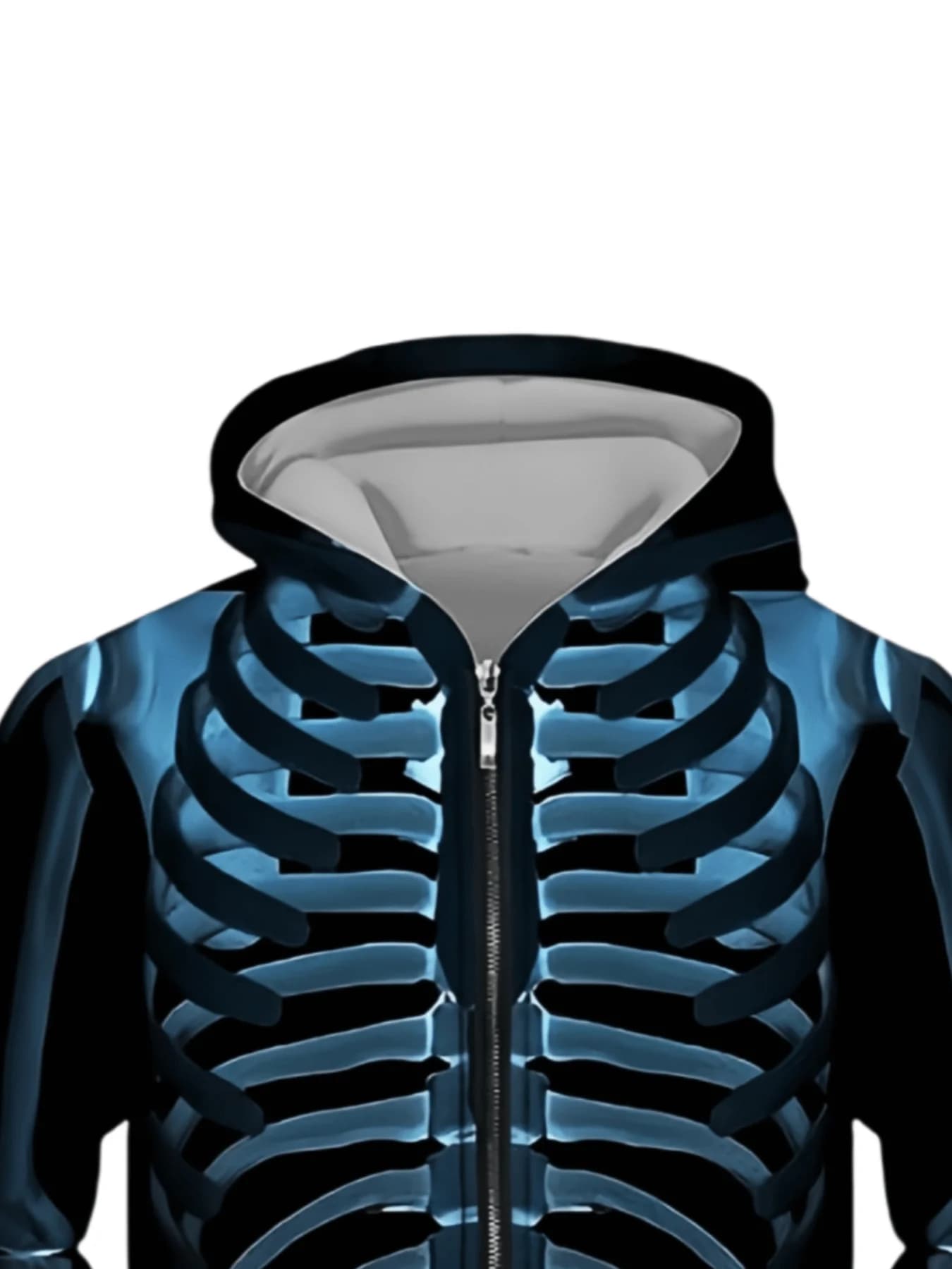 Felpa con cappuccio blu da uomo con stampa 3D a raggi X del torace e pantaloni coordinati, outfit streetwear gotico per feste di Halloween o abbigliamento casual