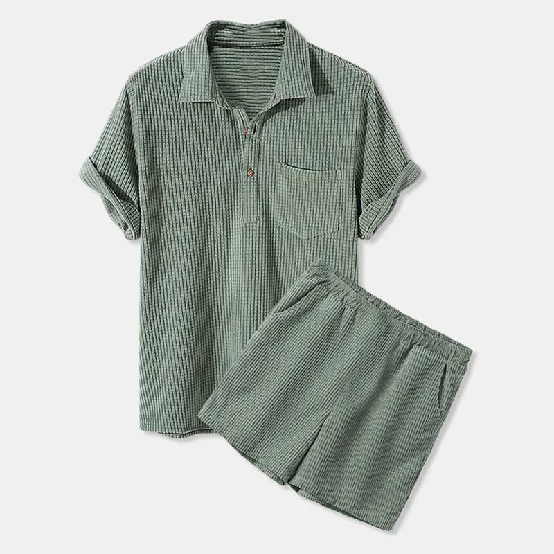 2025 Nuovi Uomini di Estate Pantaloncini di Velluto a Coste Set Retro Risvolto Camicie a Maniche Corte Pantaloncini Set da 2 Pezzi Abiti Sportivi da Uomo Casual Allentato