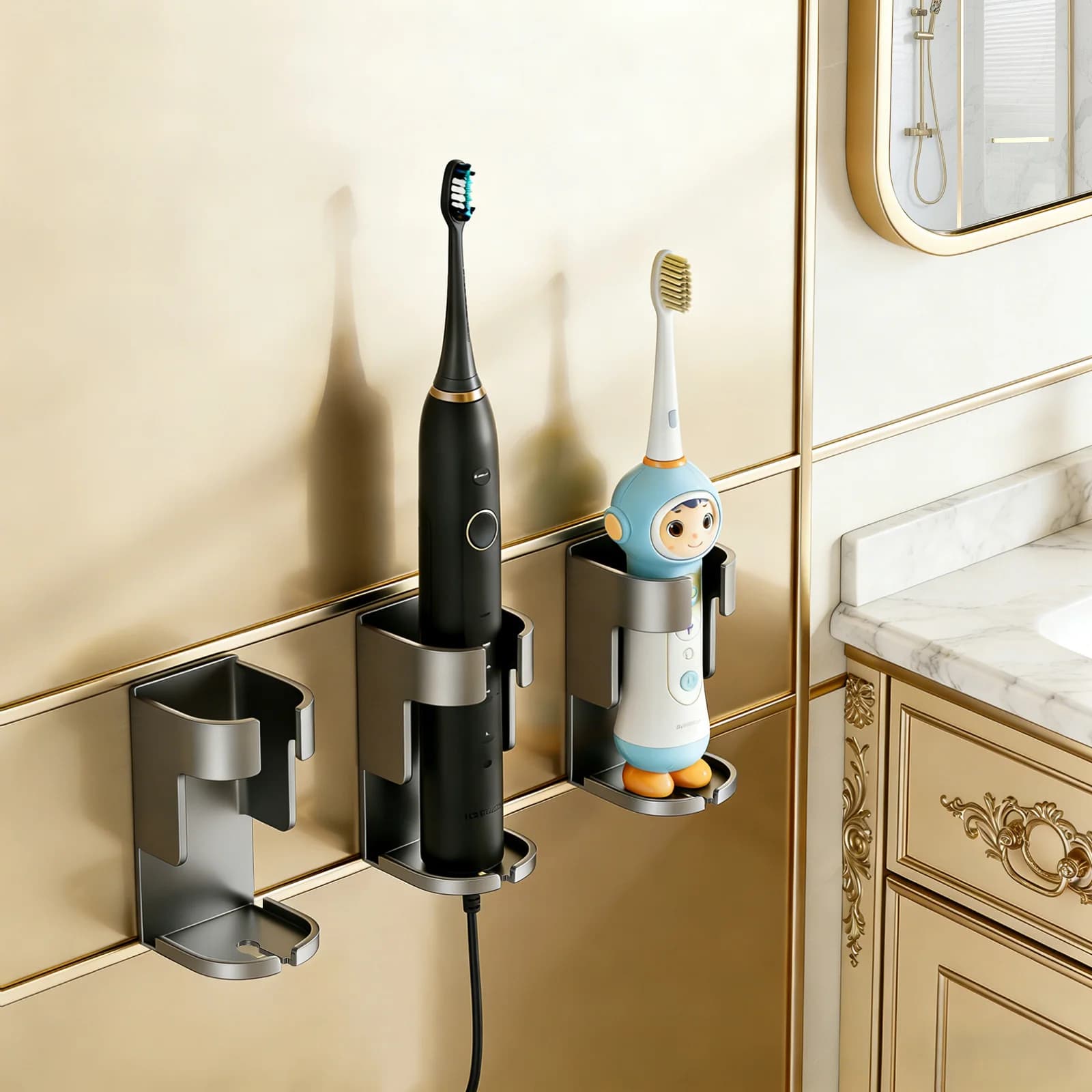 3 portaspazzolini elettrici in metallo grigio da 4,4x4,2x7 cm, senza fori, da parete, per riporre gli spazzolini.