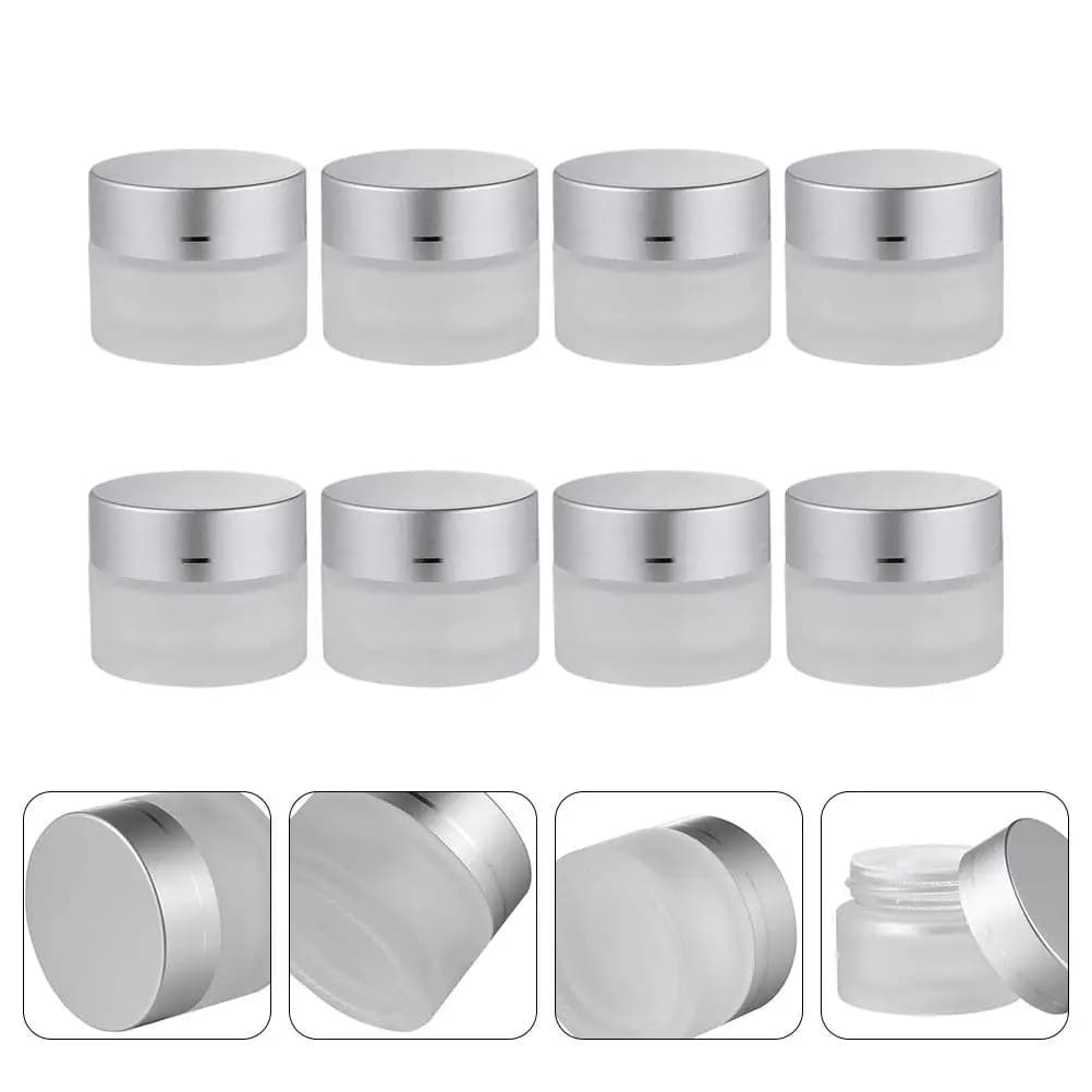 8Pcs Elegant Silver Gloss Cap Frosted Glass Mini Jars Air Tight Seal Moisture Preserving Sample Containers Skincare