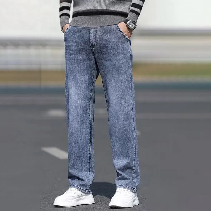 New Men Versatile Straight Leg Jeans Male Trend Baggy Casual Pants Daily Simple Solid Color Stretch Denim Trousers