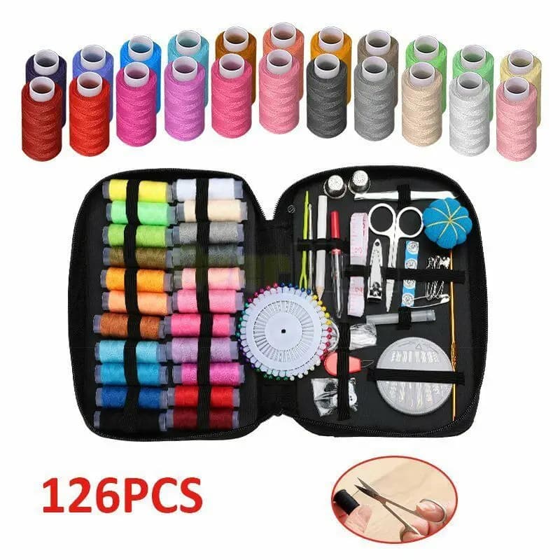 Kit da cucito portatile da 126 pezzi, set da cucito per casa e viaggio con filo, ago, ago da infilare, metro a nastro e forbici.