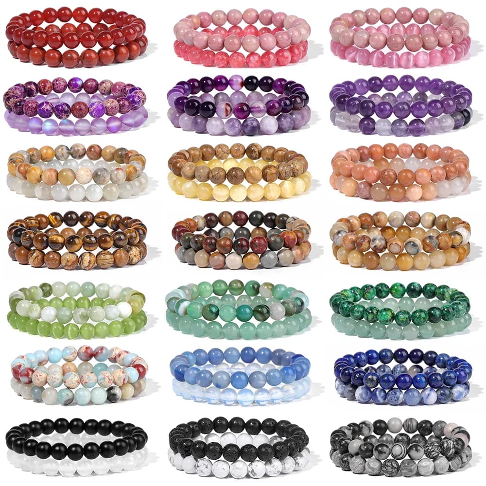2 pcs set of bracelets with natural colored stone beads 8 mm agate natural turquoise amethyst quarzi gem bracelet elasticized jewelry gift