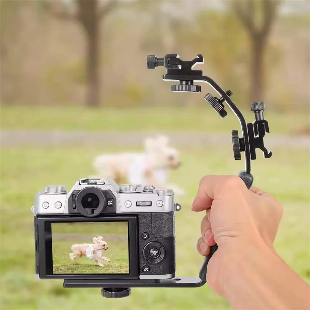 Supporto a L per fotocamera, impugnatura video, supporto a L con doppia slitta fredda per flash, vite da 1/4 di pollice per treppiede, impugnatura imbottita resistente per DSLR