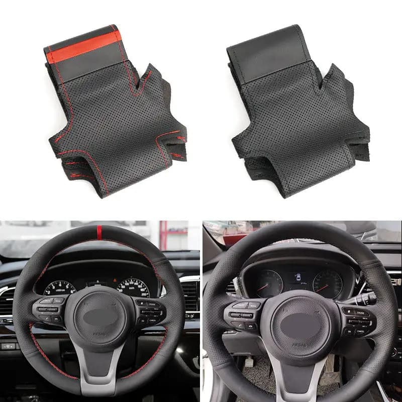 Coprivolante per auto in pelle cucita a mano fai-da-te per Kia K5 Optima 2014 2015 Finiture in pelle traforata nera con striscia di linee