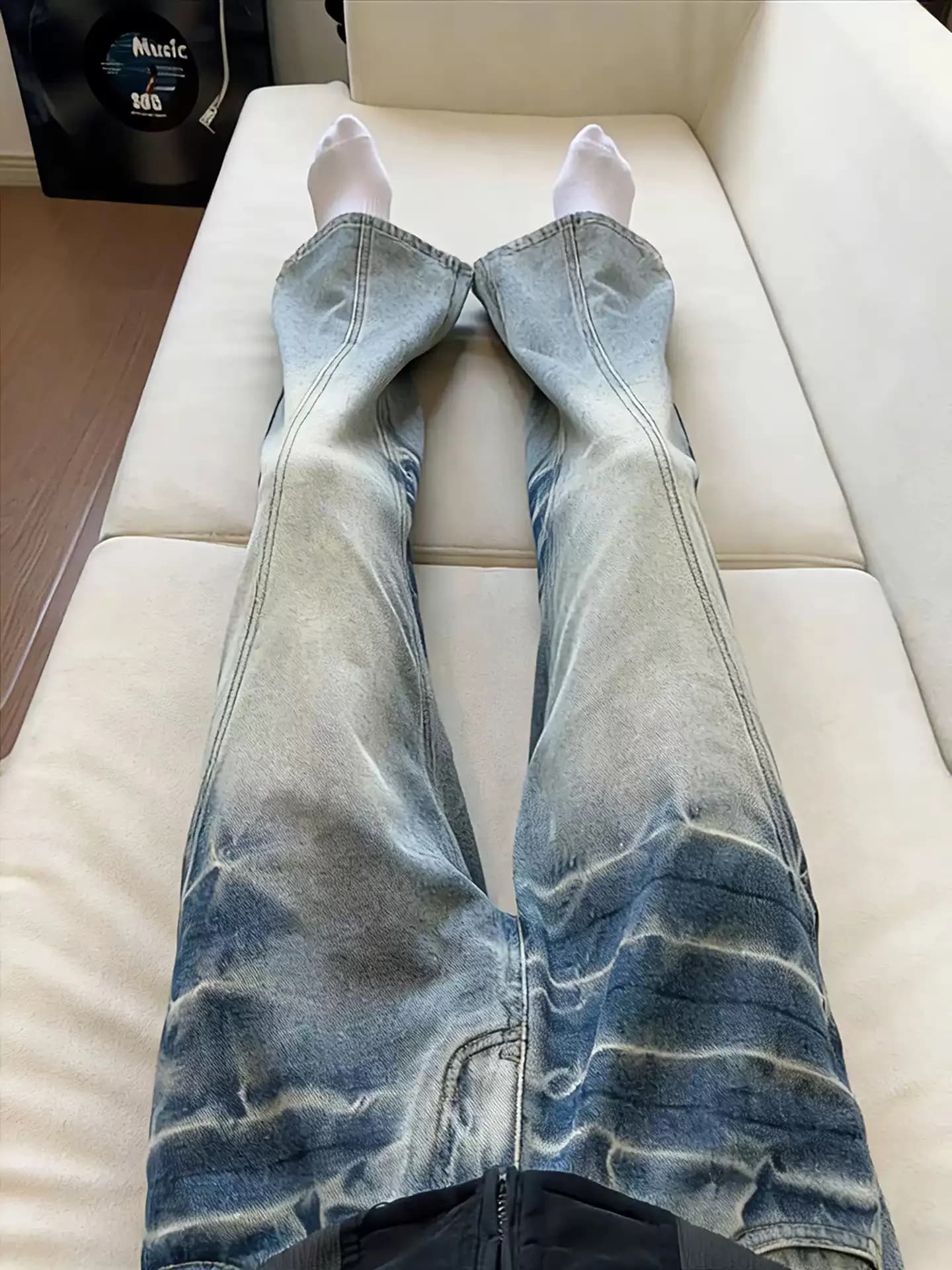 Jeans da Uomo Invernali Imbottiti in Pile a Vita Alta, Slim Fit, a Zampa, Blu con Motivo Fulmine, Casual, Gamba Dritta, in Denim di Cotone