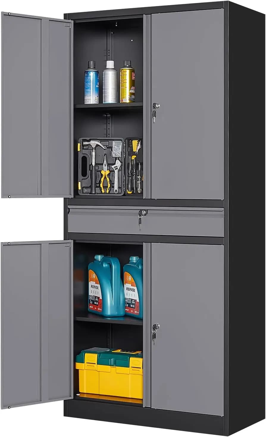 Metal Garage Storage Cabinet, Tall Steel Tool Organizer Cupboard With Locking Doors Drawer And Adjustable Shelves For Office Warehouse, Gray Black