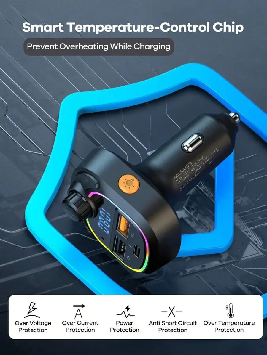 Caricabatterie per Auto 3.1A con Chiamate Bluetooth in Vivavoce, Riproduzione Musicale, 2 USB + 1 Type-C, Luce RGB, Accessorio Auto Universale