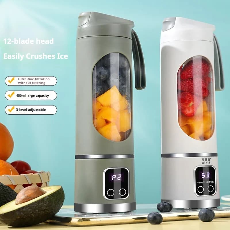Aleld HS-860 Wireless Portable Juicer Cup,12-Blade 450ml USB Rechargeable Blender with Digital Display, Dual-Lid for Fruit & Ice