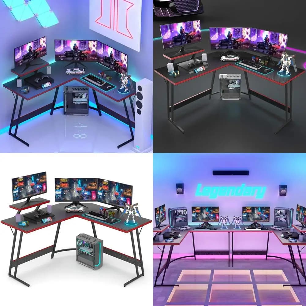 Scrivania da Gaming a L da 51 Pollici con Supporto Monitor - Tavolo per Ufficio Domestico, Studio e Scrittura in Fibra di Carbonio Nera