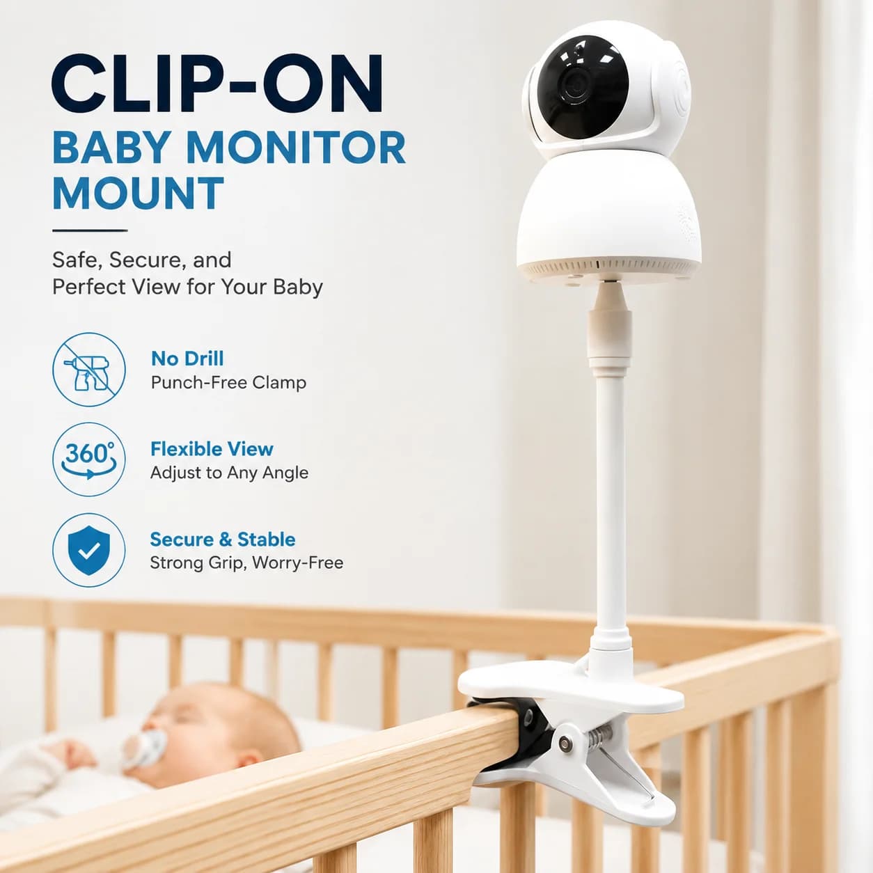 Clip-On Camera Mount for Baby Monitor, No Drill Infant Monitor Holder with 1/4" Screw, Punch-Free Clamp Rack for Crib, Toddler