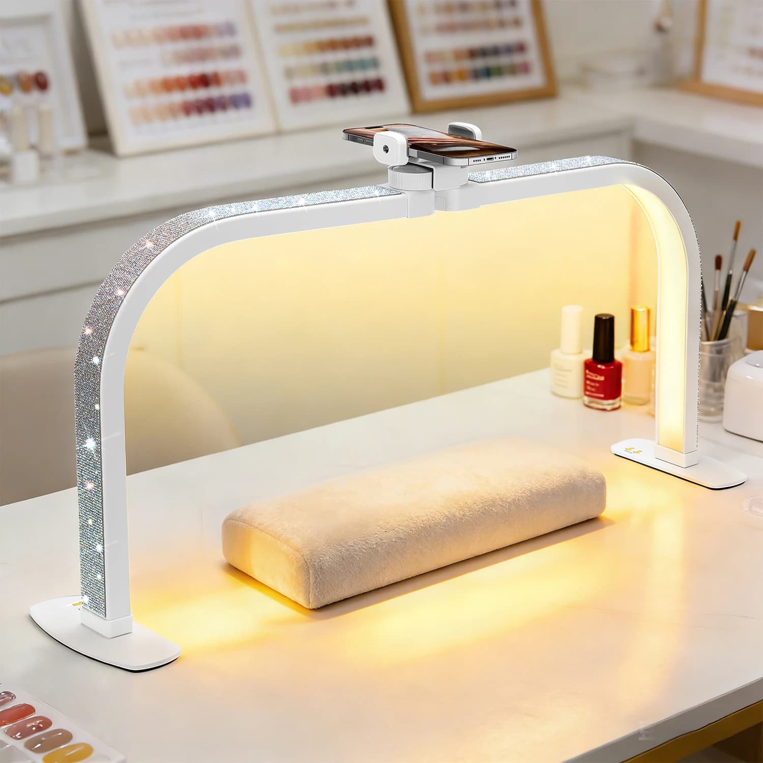 Lampada da Tavolo Pieghevole a Mezzaluna per Unghie, 392 LED, Luce Dimmerabile a 3 Colori con Supporto per Telefono per Unghie, Extension Ciglia, Tatuaggi