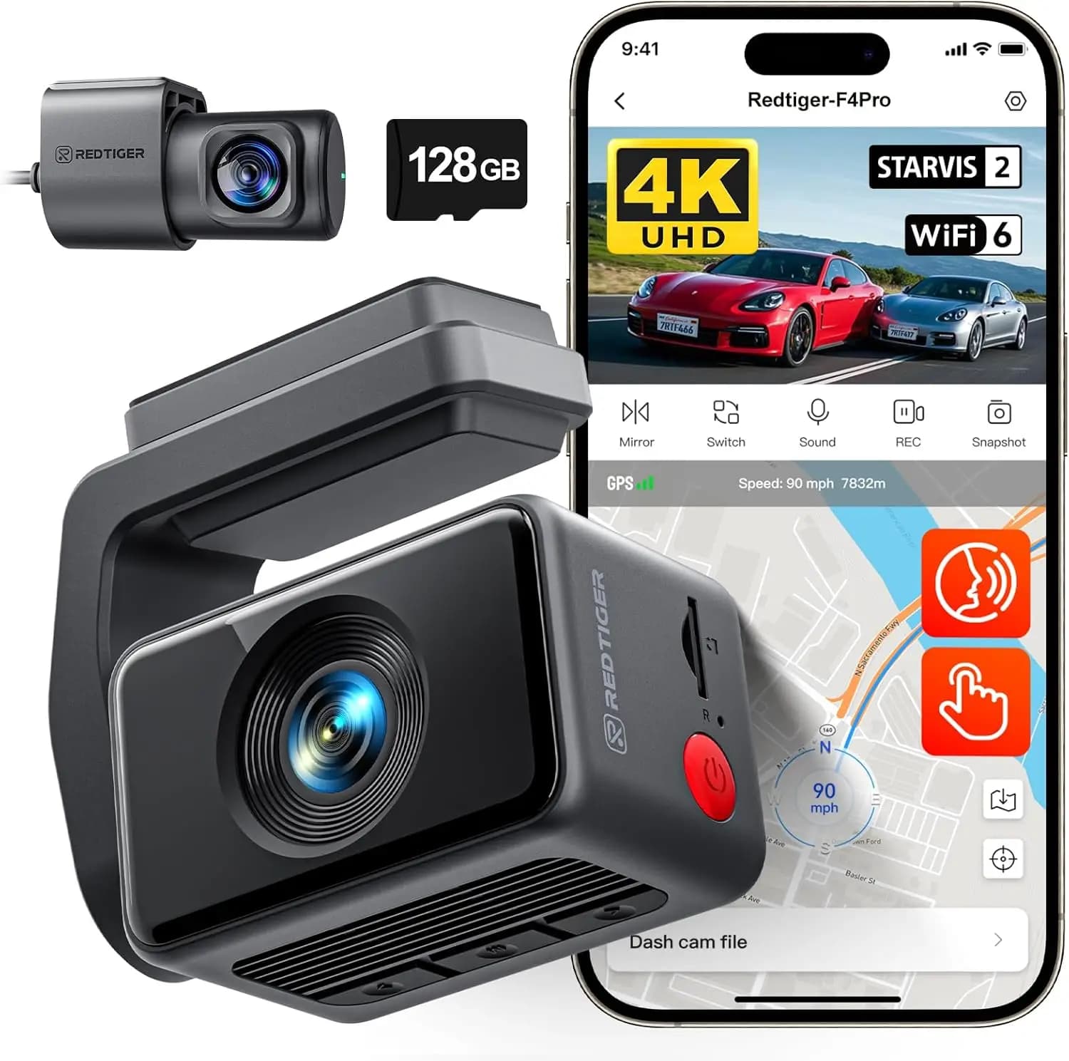 Mini Dash Cam 4K Anteriore e Posteriore con Visione Notturna, Scheda da 128GB, WiFi 6, Schermo Touch per Auto, Controllo Vocale