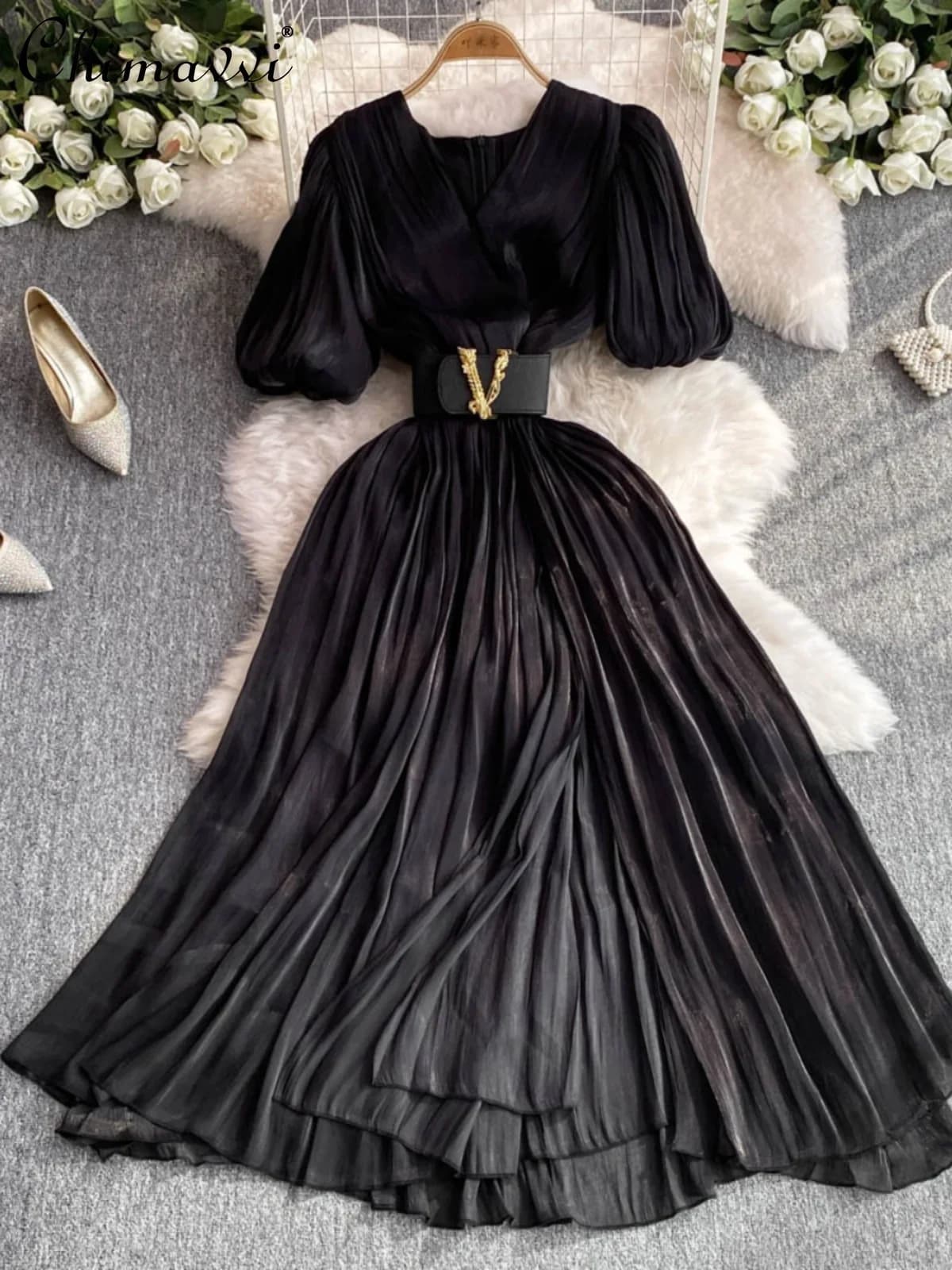 Francese elegante Casual scollo a v Puff manica corta abiti temperamento cintura a vita alta Slim Fit grande Swing pieghettato abito lungo donna